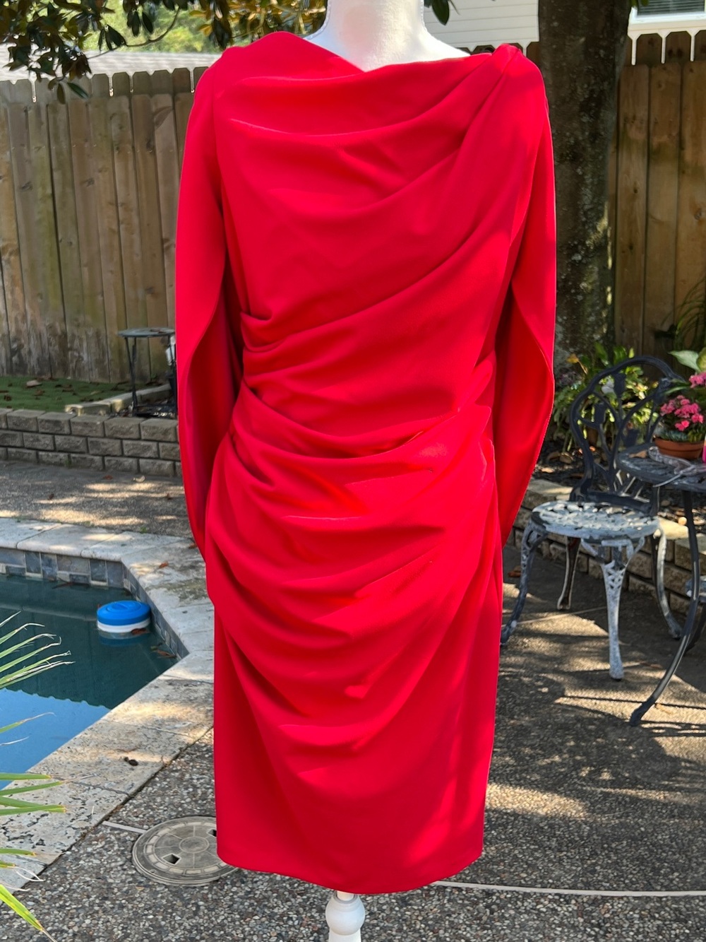 Adam Bold Red Draped Long-Sleeve Midi Dress